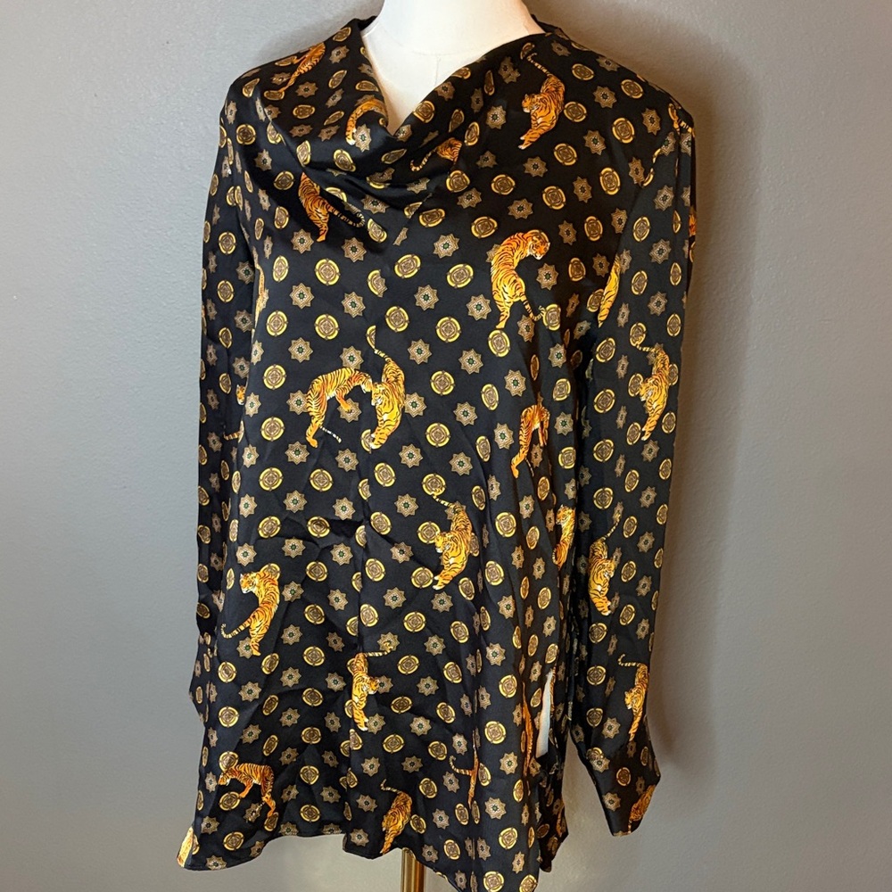 Black Satin Blouse with Gold Tiger & Medallion Print - S